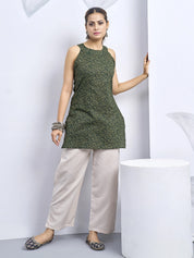 Forest Green Halter Neck Cotton Kurti with Backless Detail