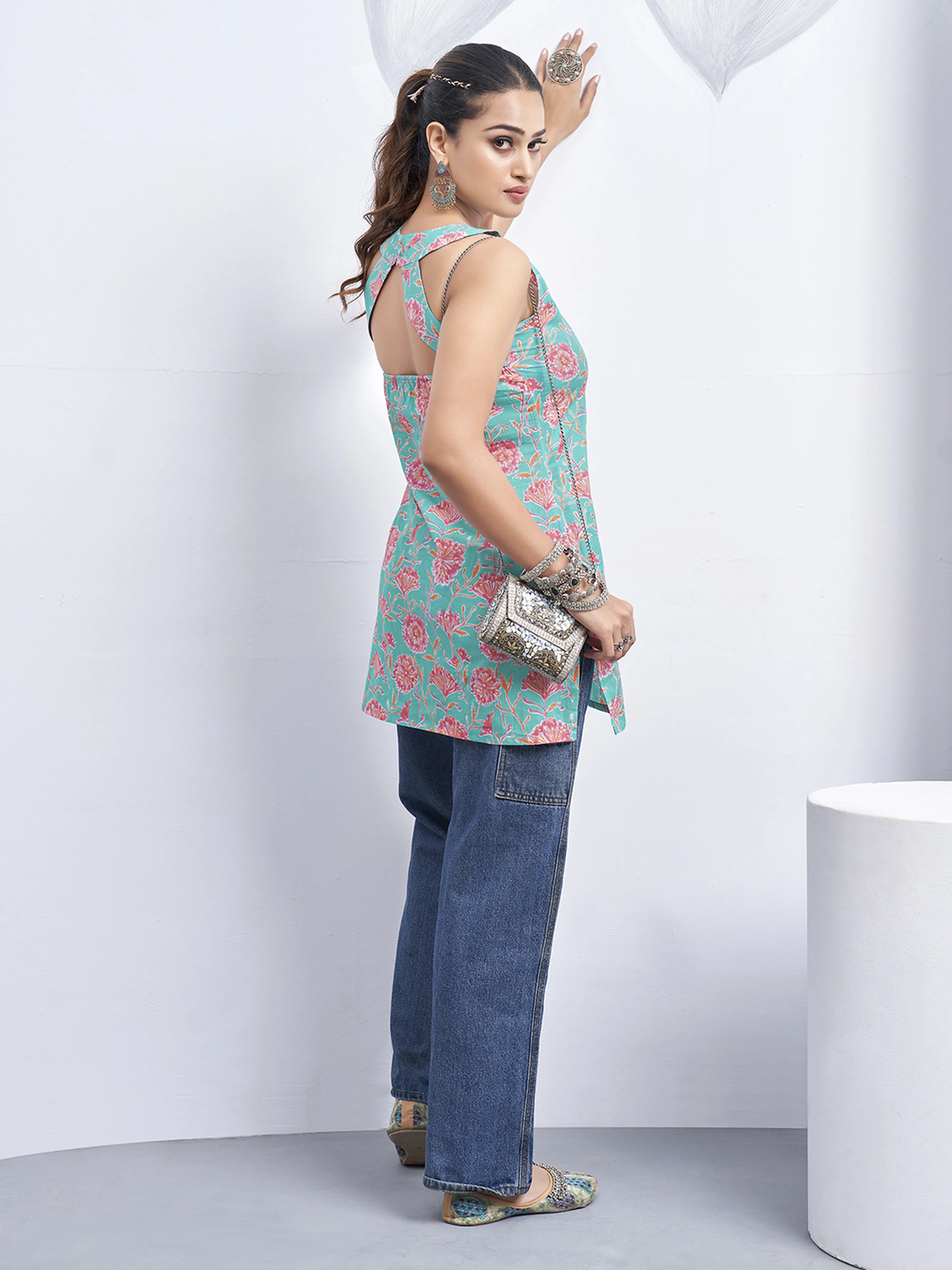 Light Blue Halter Neck Cotton Kurti with Backless Detail