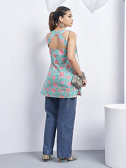 Light Blue Halter Neck Cotton Kurti with Backless Detail