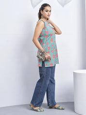 Light Blue Halter Neck Cotton Kurti with Backless Detail