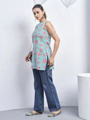 Light Blue Halter Neck Cotton Kurti with Backless Detail