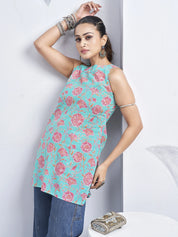 Light Blue Halter Neck Cotton Kurti with Backless Detail