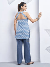 Powder Blue Halter Neck Cotton Kurti with Backless Detail