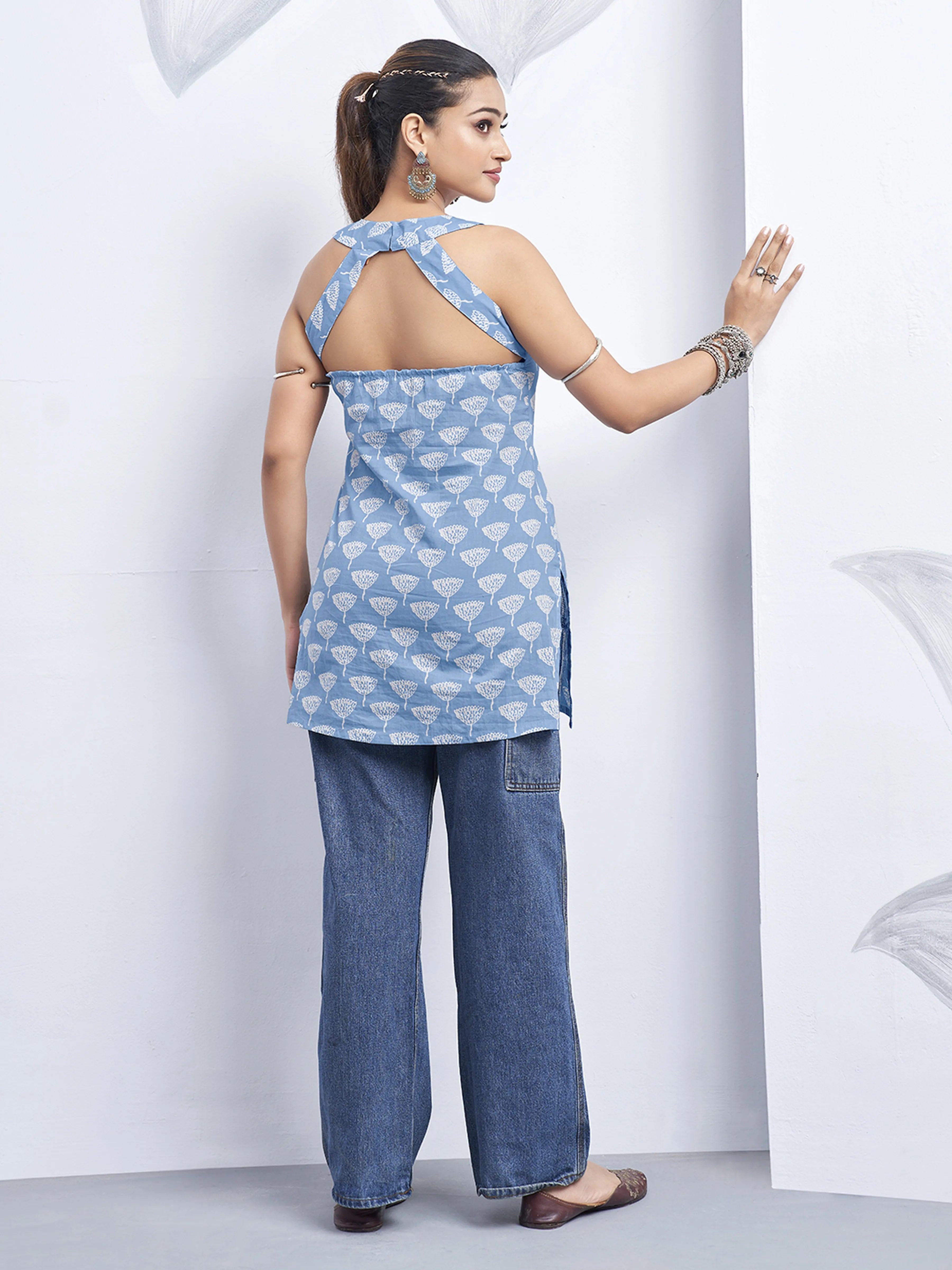 Powder Blue Halter Neck Cotton Kurti with Backless Detail