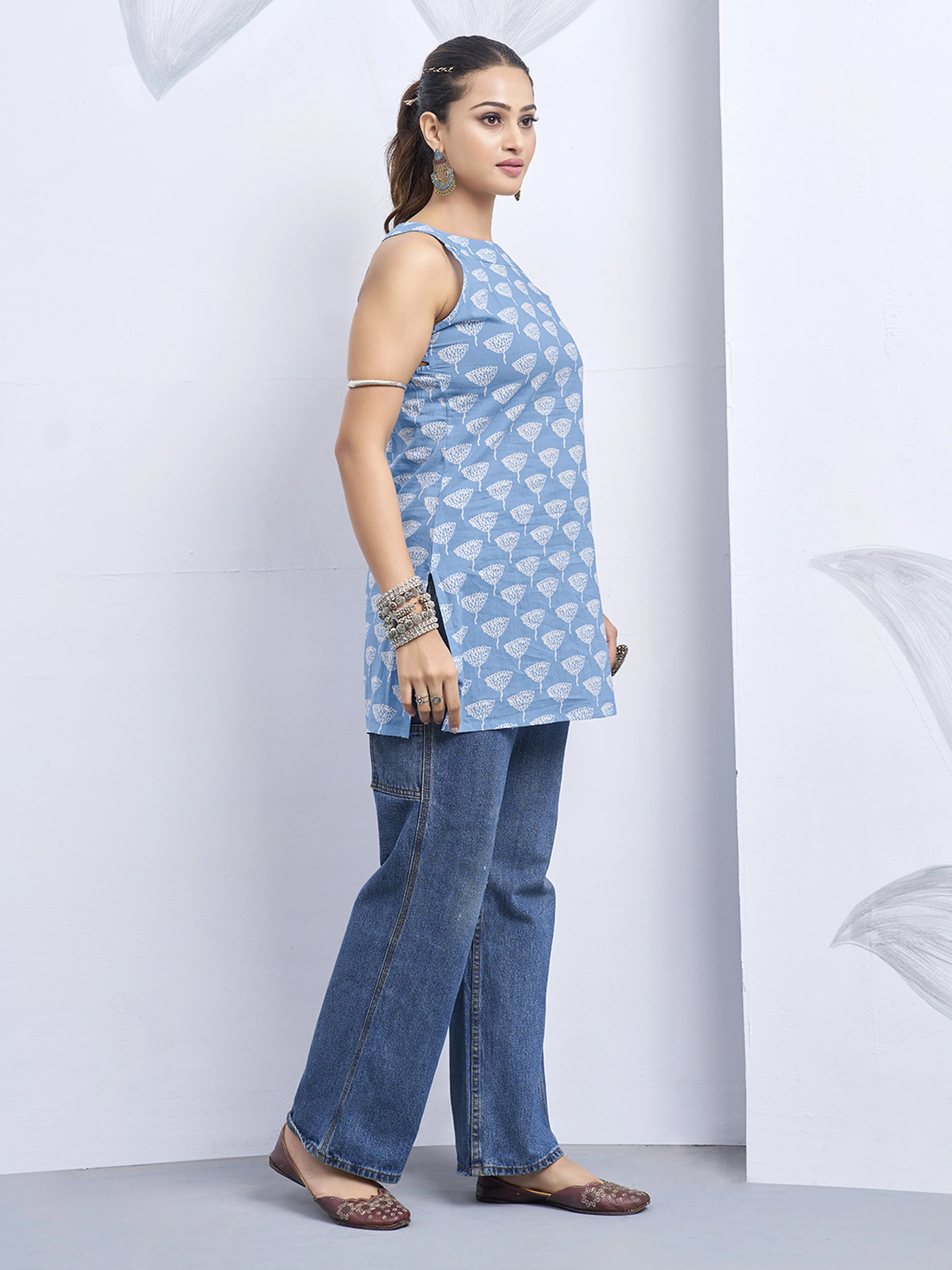 Powder Blue Halter Neck Cotton Kurti with Backless Detail