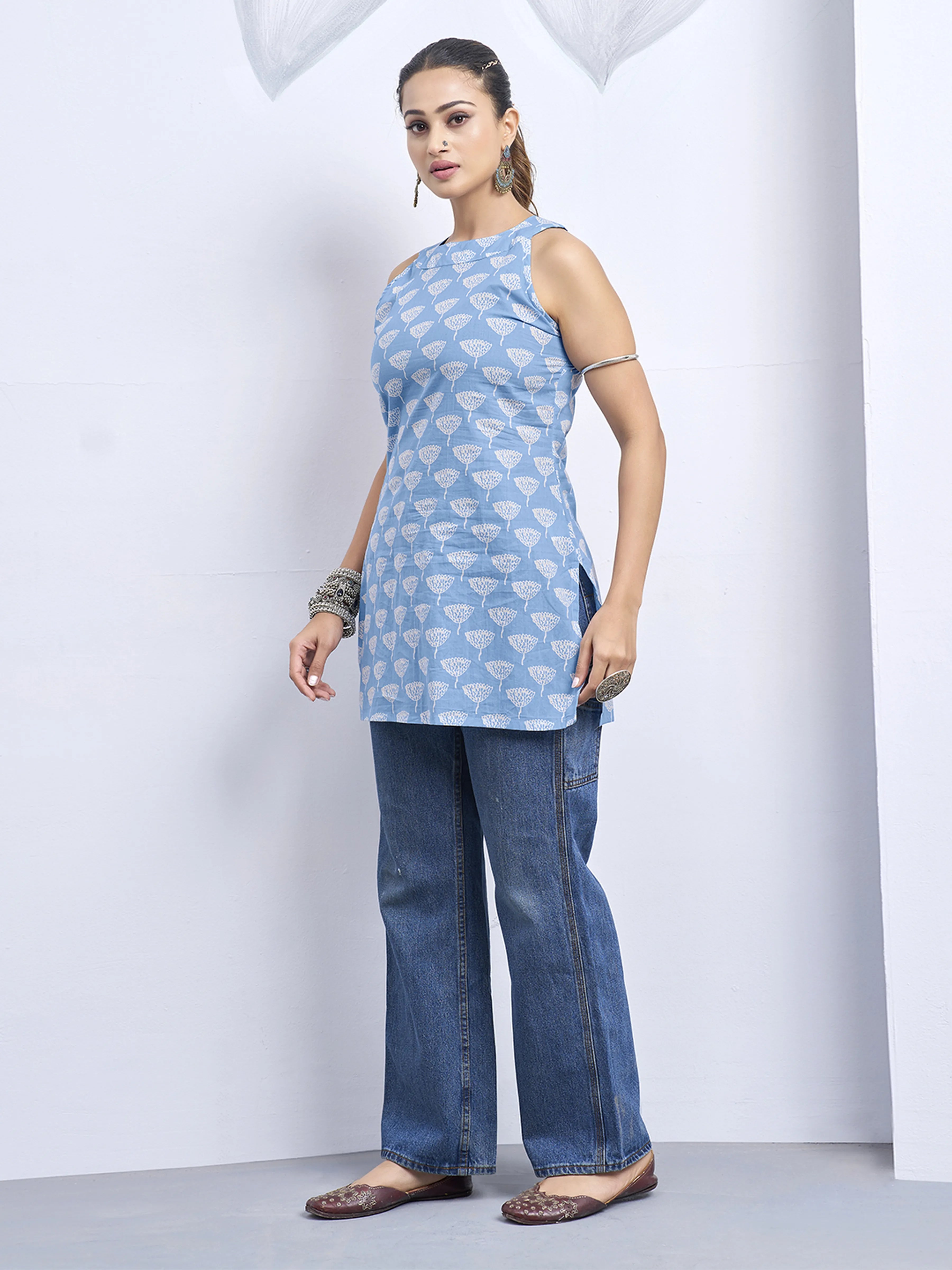 Powder Blue Halter Neck Cotton Kurti with Backless Detail