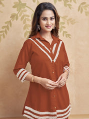 Rust Base Fringe Lace Kurta & Dual-Tone Flared Pant Set in Cotton