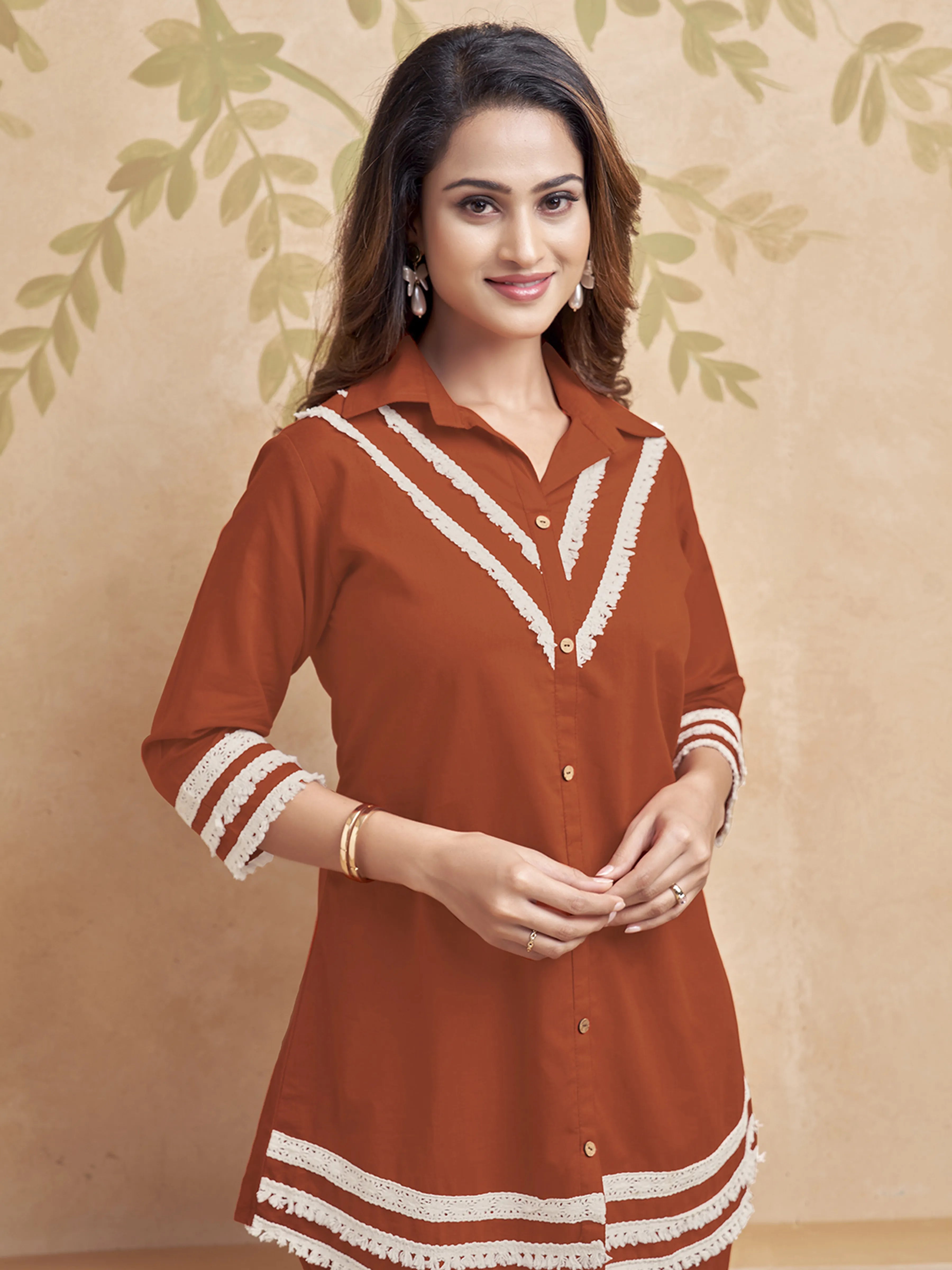 Rust Base Fringe Lace Kurta & Dual-Tone Flared Pant Set in Cotton