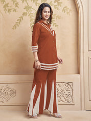 Rust Base Fringe Lace Kurta & Dual-Tone Flared Pant Set in Cotton