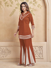 Rust Base Fringe Lace Kurta & Dual-Tone Flared Pant Set in Cotton
