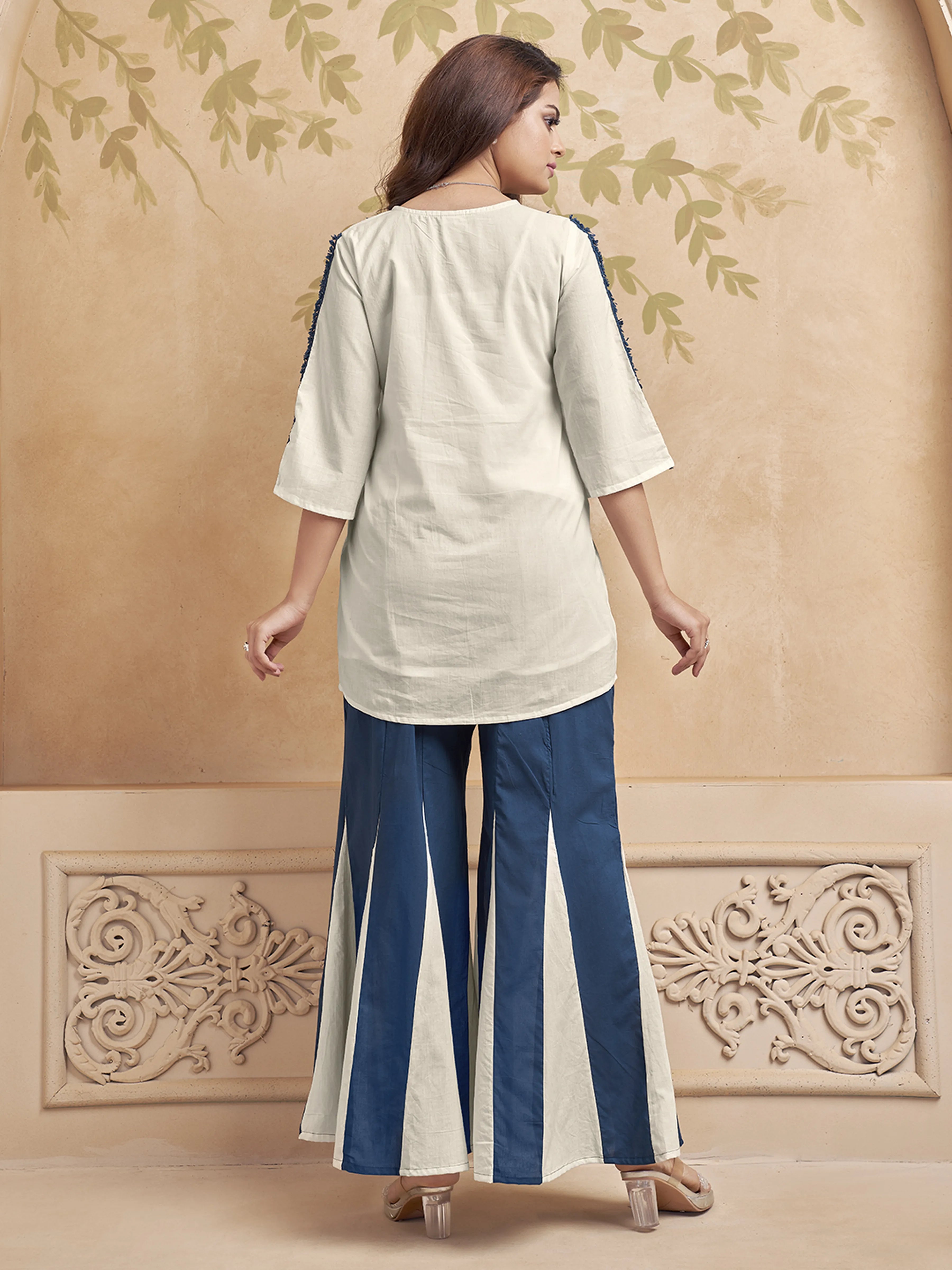 Classic White Base Embroidered Kurta & Dual-Tone Flared Pant Co-ord Set in Cotton