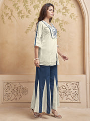 Classic White Base Embroidered Kurta & Dual-Tone Flared Pant Co-ord Set in Cotton