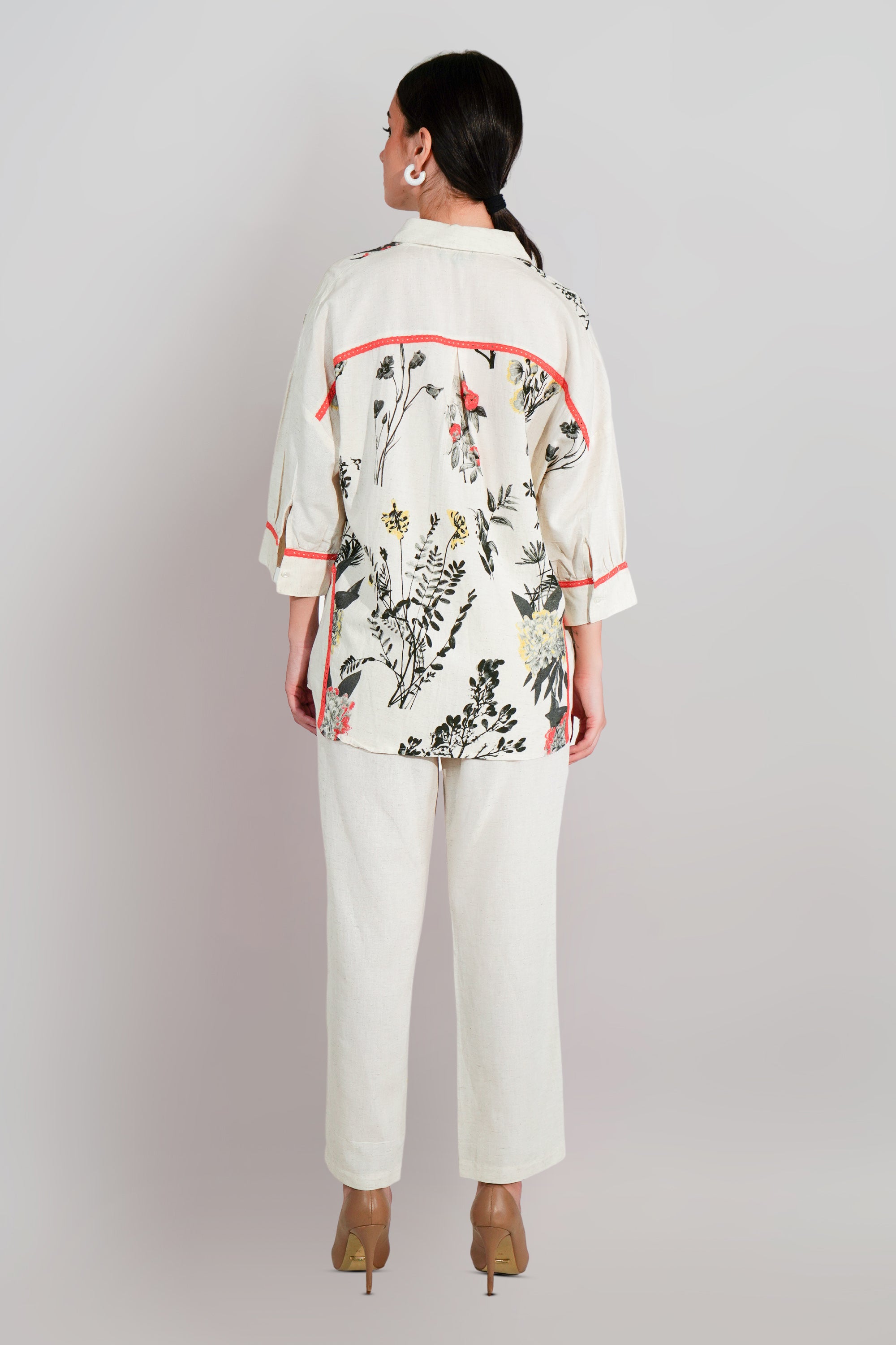 White Linen Blend Printed lace detailed Co-Ord Set