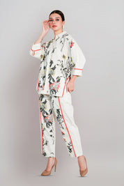 White Linen Blend Printed lace detailed Co-Ord Set