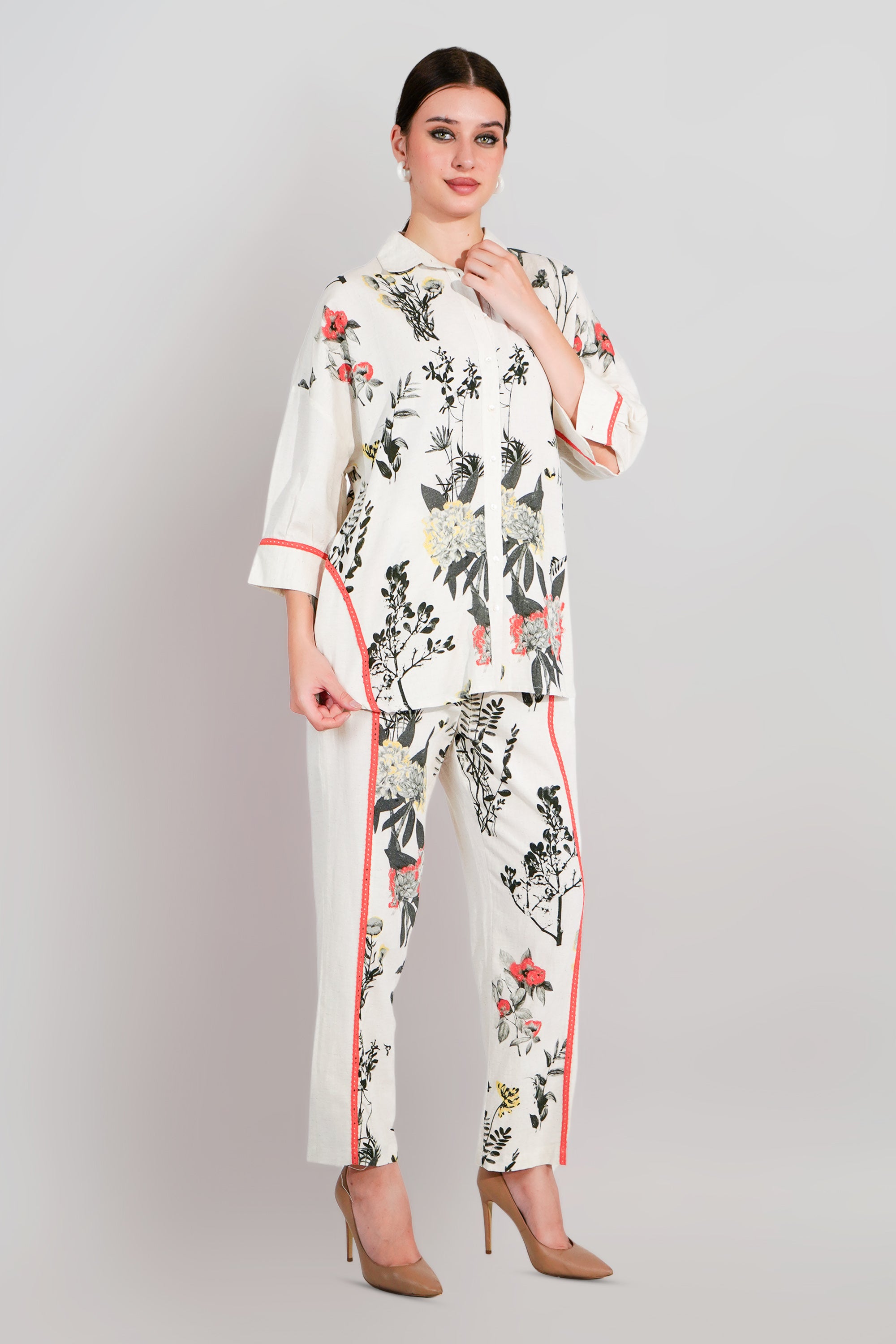 White Linen Blend Printed lace detailed Co-Ord Set