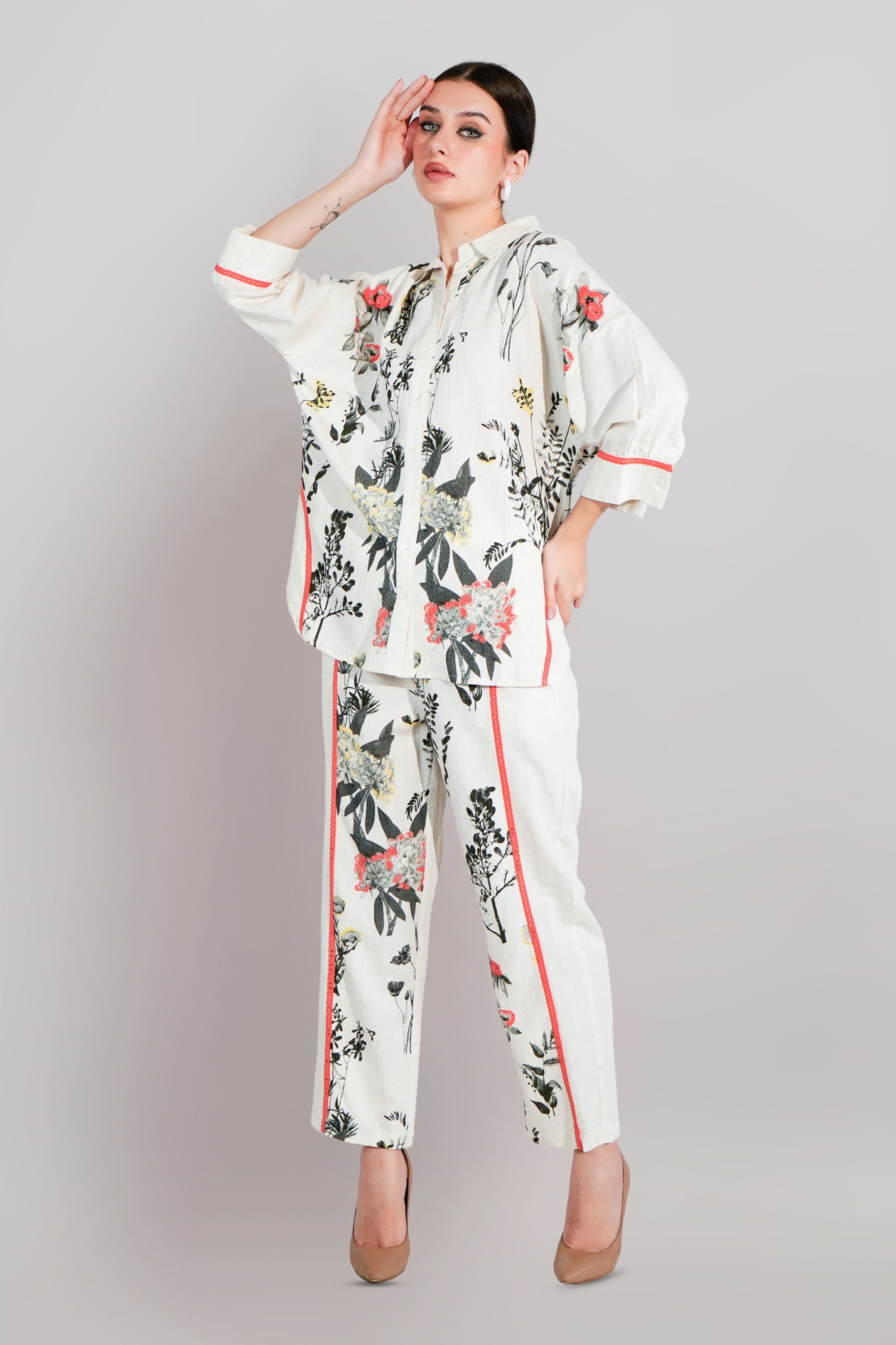 White Linen Blend Printed lace detailed Co-Ord Set