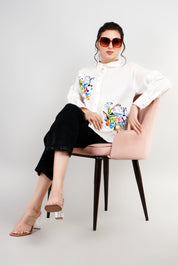 White  Cotton Cambric Full-Sleeve Floral Placement Print Shirts