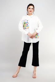 White  Cotton Cambric Full-Sleeve Floral Placement Print Shirts