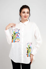 White  Cotton Cambric Full-Sleeve Floral Placement Print Shirts