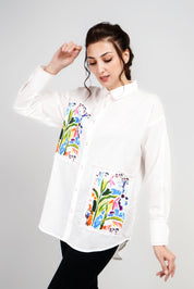 White  Cotton Cambric Full-Sleeve Floral Placement Print Shirts