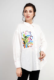 White  Cotton Cambric Full-Sleeve Floral Placement Print Shirts