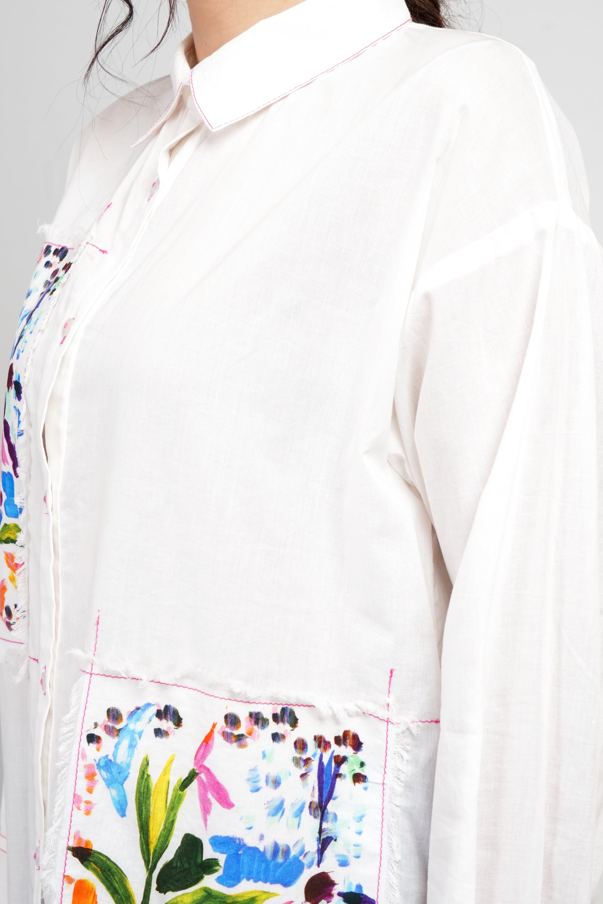 White  Cotton Cambric Full-Sleeve Floral Placement Print Shirts