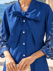 Blue Wide Bow-Tie Floral Cutwork A-Line Dress in Cotton Poplin