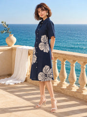 Navy Blue Floral Appliqué A-Line Dress in Cotton Flex