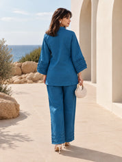 Blue Floral Buti Embroidered Co-ord Set in Rayon Flex