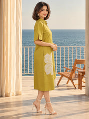 Yellow Floral Appliqué A-Line Dress in Cotton Flex
