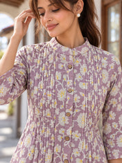 Lilac Floral Jaal Pintuck Tunic in Cotton
