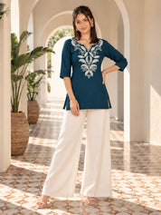 Peacock Green Embroidered Yoke Short Kurti in Rayon