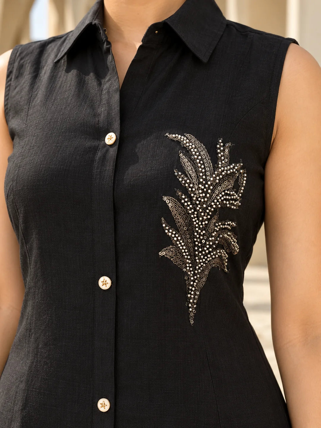Black Sleeveless Sequin Detail Kurta Set in Vatican Fabric