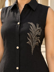 Black Sleeveless Sequin Detail Kurta Set in Vatican Fabric