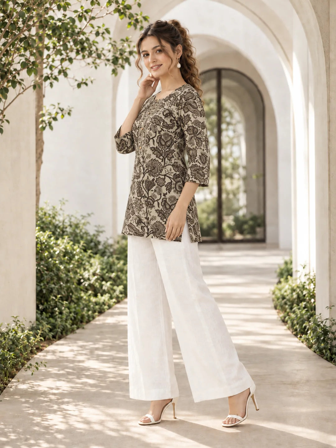 Beige & Brown Floral Jaal Short Kurti in Cotton