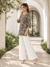 Beige & Brown Floral Jaal Short Kurti in Cotton