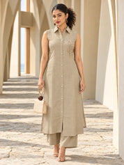 Beige Sleeveless Sequin Detail Kurta Set in Vatican Fabric