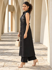 Black Sleeveless Sequin Detail Kurta Set in Vatican Fabric