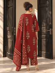 Red Embroidered Neck Floral Buta Kurta Set with Printed Dupatta in Cotton