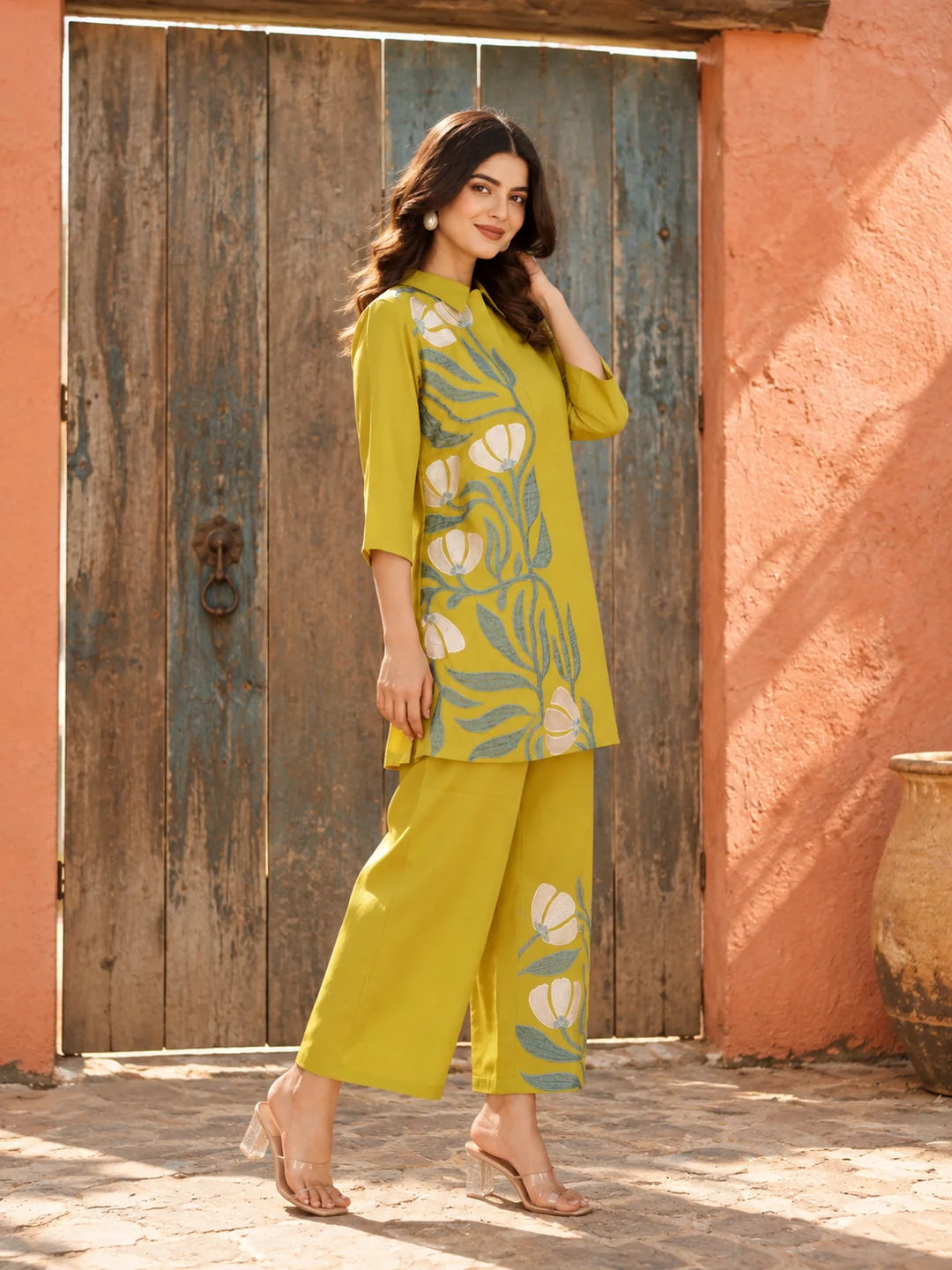 Lime Green Floral Placement Embroidered Co-Ord Set in Roman Silk