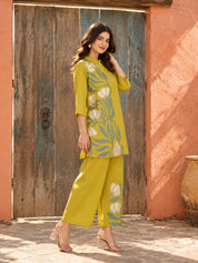 Lime Green Floral Placement Embroidered Co-Ord Set in Roman Silk