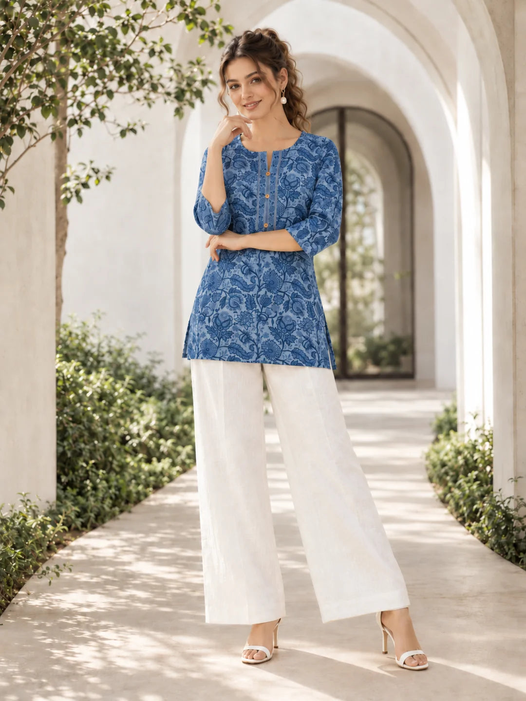Blue Floral Jaal Short Kurti in Cotton
