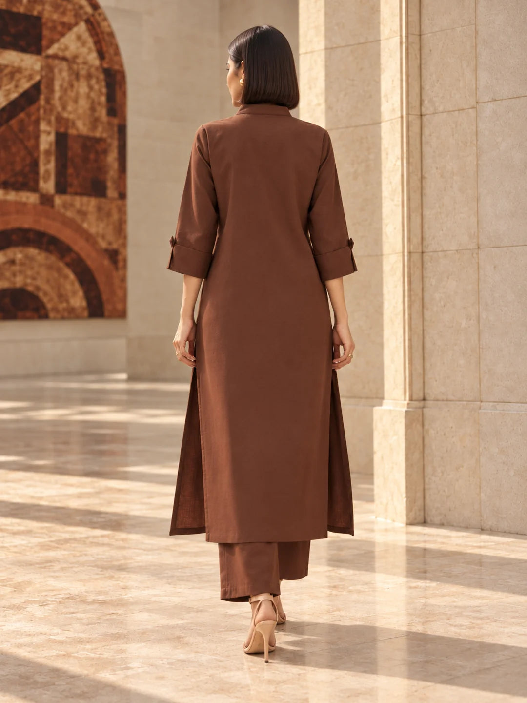 Brown Deep V Mandarin Collar Kurta Set in Sheeting Cotton