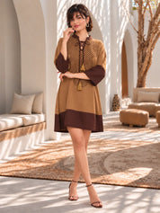 Brown Doodle Embroidered Contrast Panel Dress in Cotton Flex