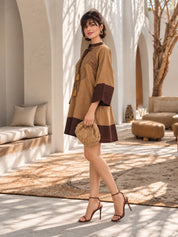 Brown Doodle Embroidered Contrast Panel Dress in Cotton Flex