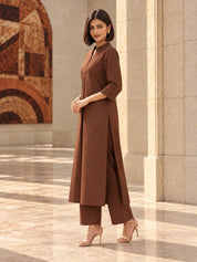 Brown Deep V Mandarin Collar Kurta Set in Sheeting Cotton