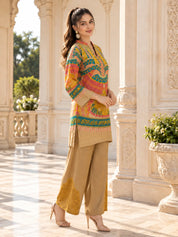 Bronzed Yellow Embellished V-Notch Multicolour Print Wide-Leg Co-ord Set in Muslin