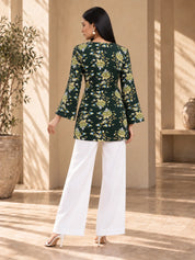 Dark Green Criss-Cross Tie Big Floral Short Kurti in Cotton