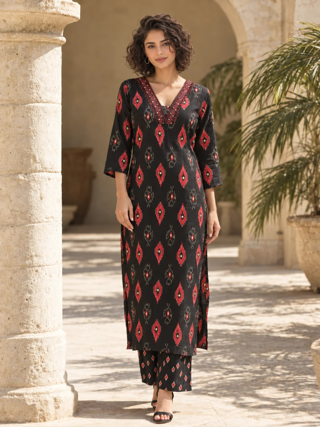 Black and Maroon Ikat Print Kurta Set in Cotton