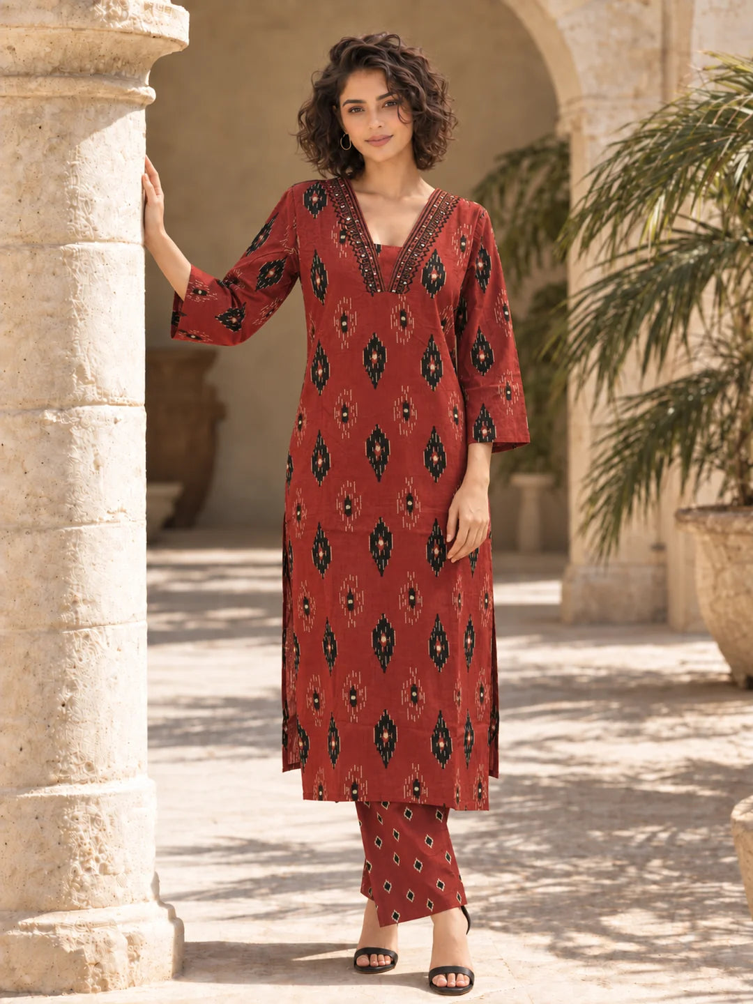 Maroon and Black Ikat Print Kurta Set in Cotton